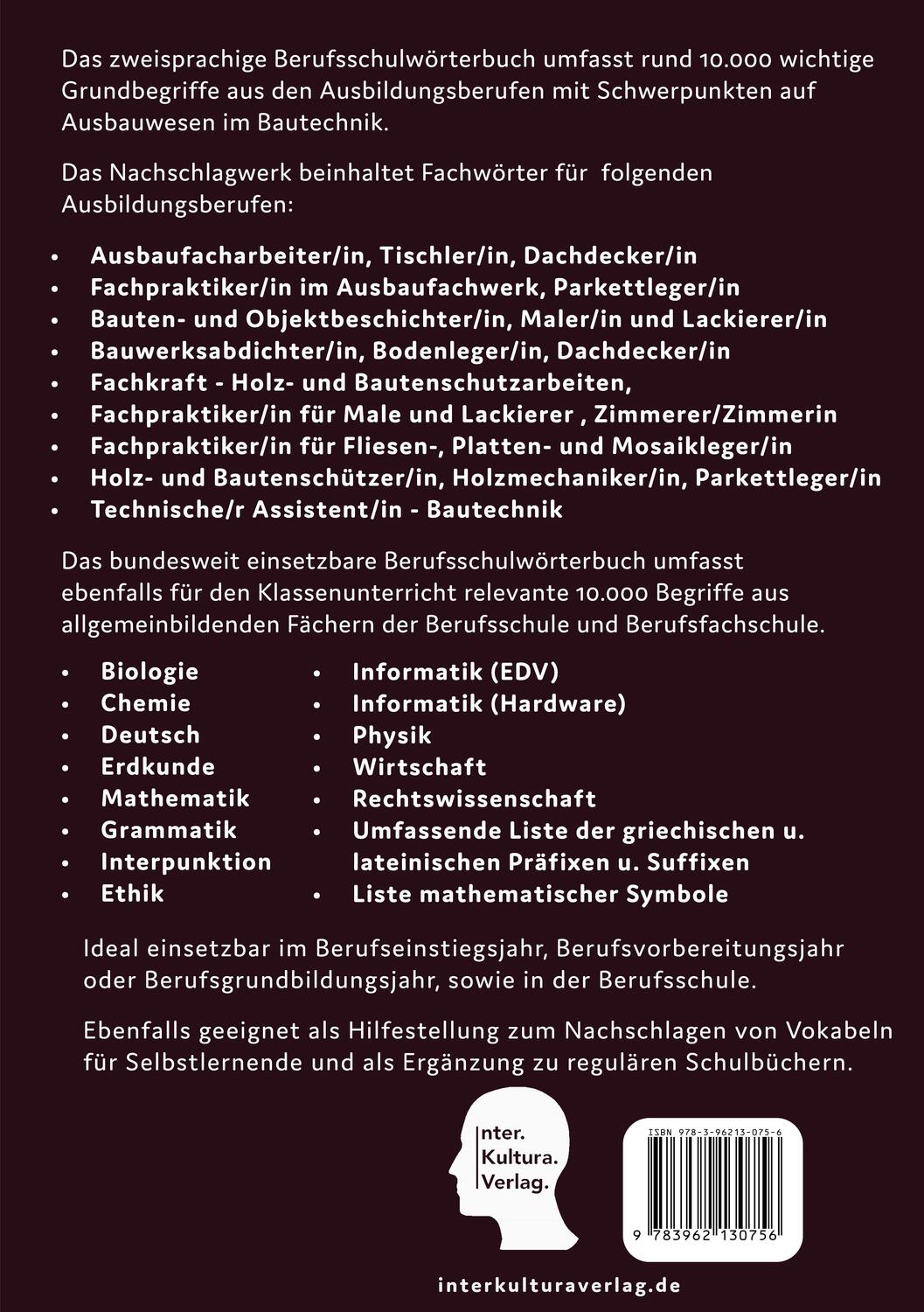 Rückseite: 9783962130756 | Interkultura Berufsschulwörterbuch für Ausbildungsberufen im...