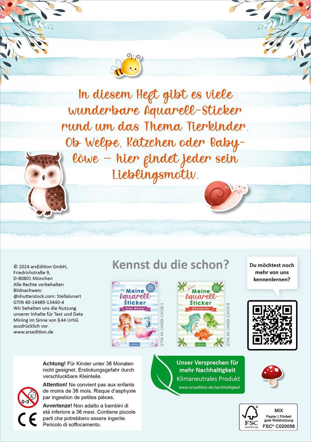 Rückseite: 4014489134404 | Meine Aquarell-Sticker - Tierkinder | Über 200 Sticker | Stück | 16 S.