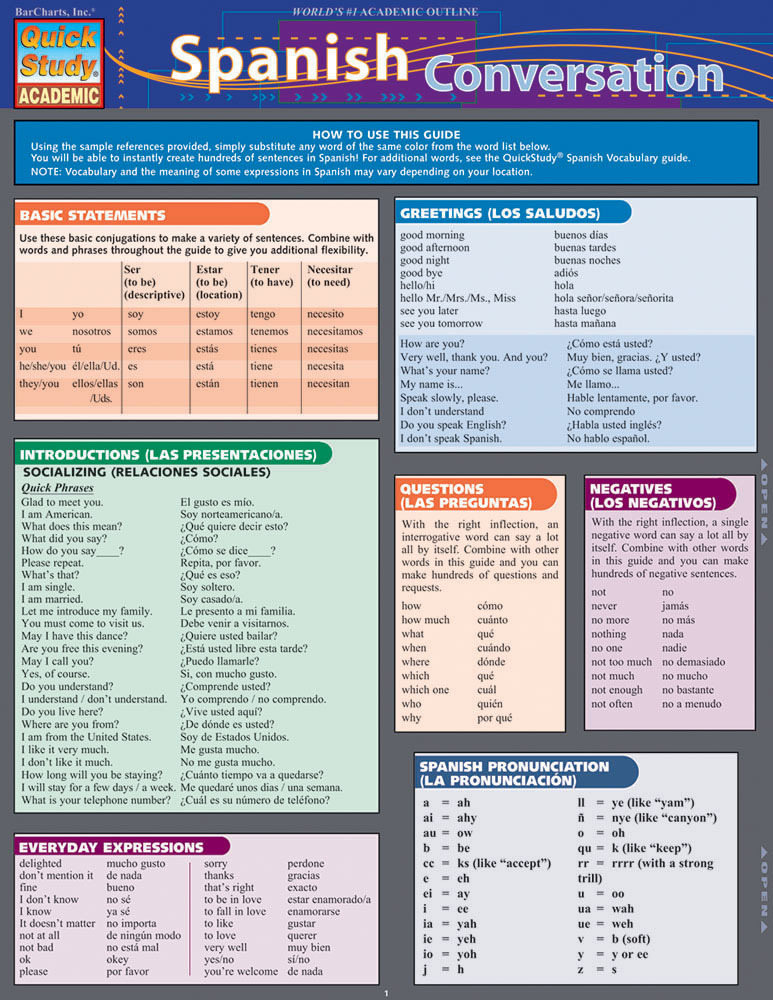 Cover: 9781423221876 | Spanish Conversation | a QuickStudy Laminated Reference Guide | Arnet