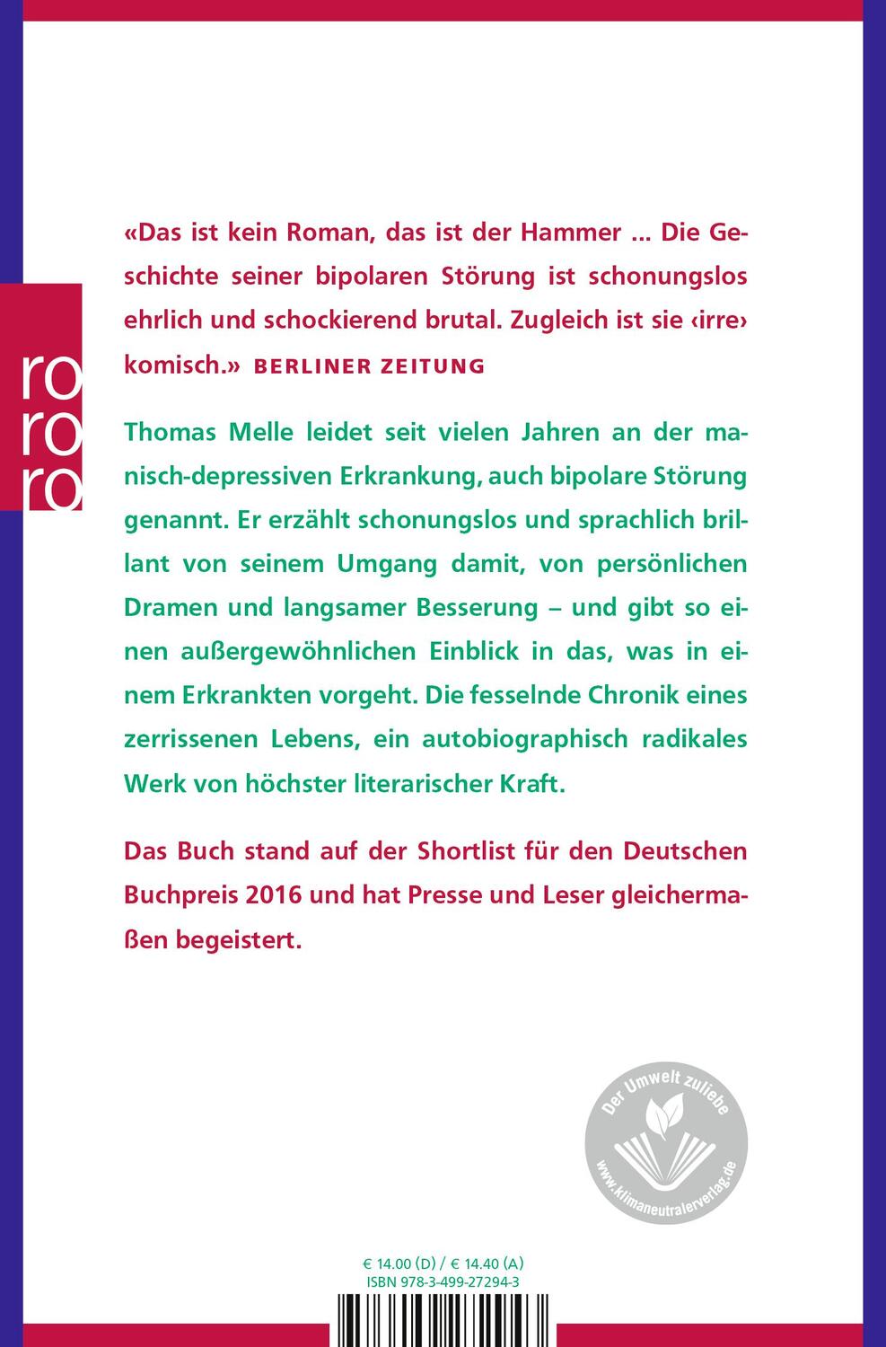 Rückseite: 9783499272943 | Die Welt im Rücken | Thomas Melle | Taschenbuch | Deutsch | 2018