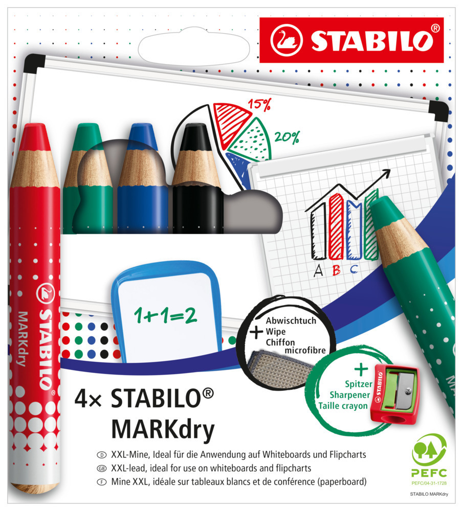 Cover: 4006381582520 | STABILO MARKdry - 4er Pack mit Spitzer und Abwischtuch - in vier...