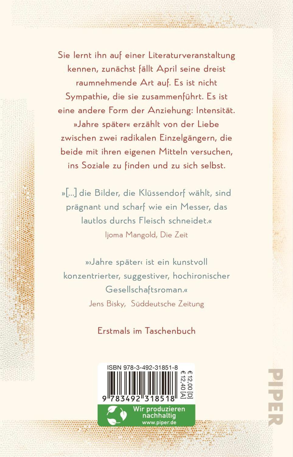 Rückseite: 9783492318518 | Jahre später | Roman | Angelika Klüssendorf | Taschenbuch | 160 S.