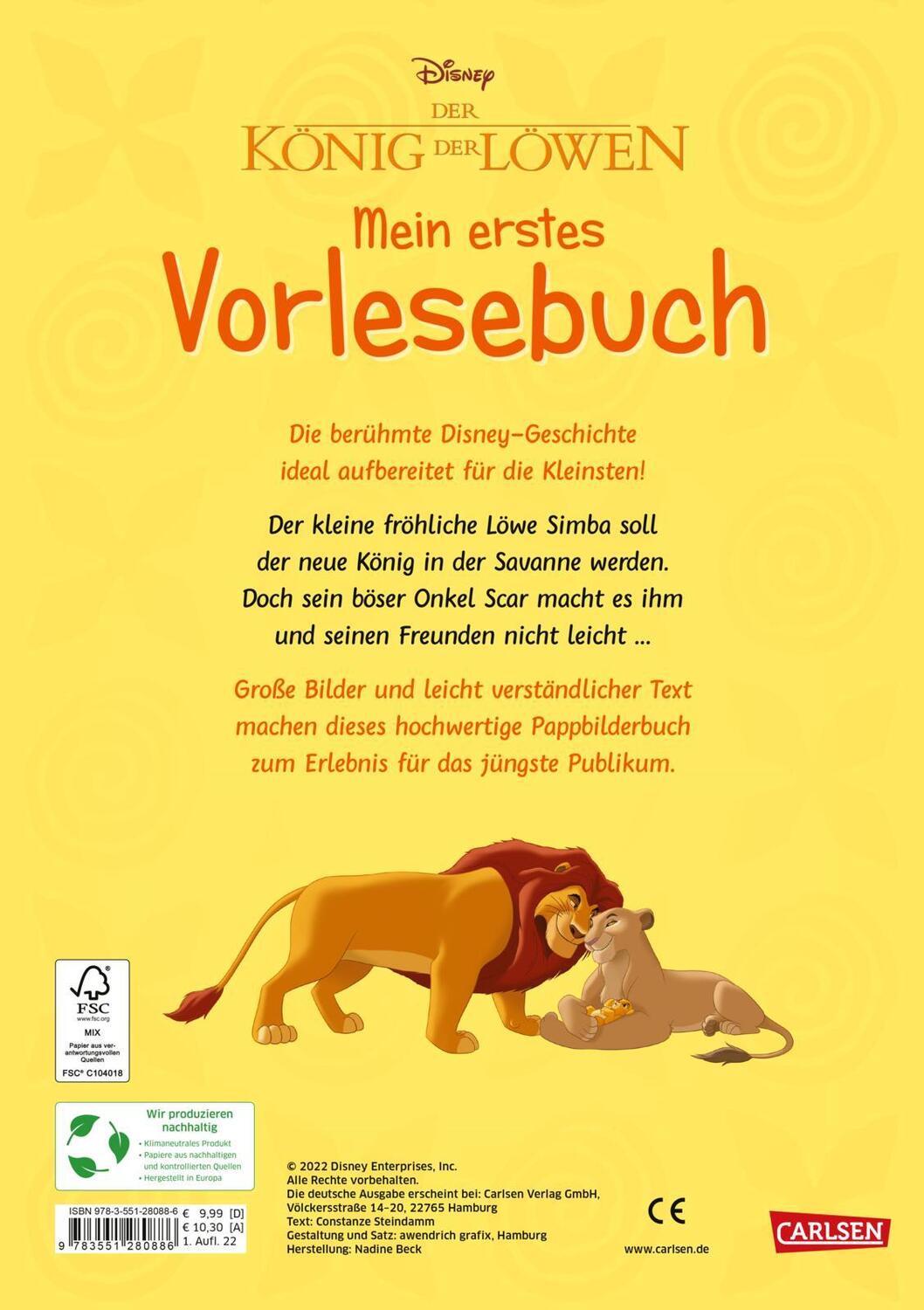 Rückseite: 9783551280886 | Disney Pappenbuch: Der König der Löwen - Mein erstes Vorlesebuch