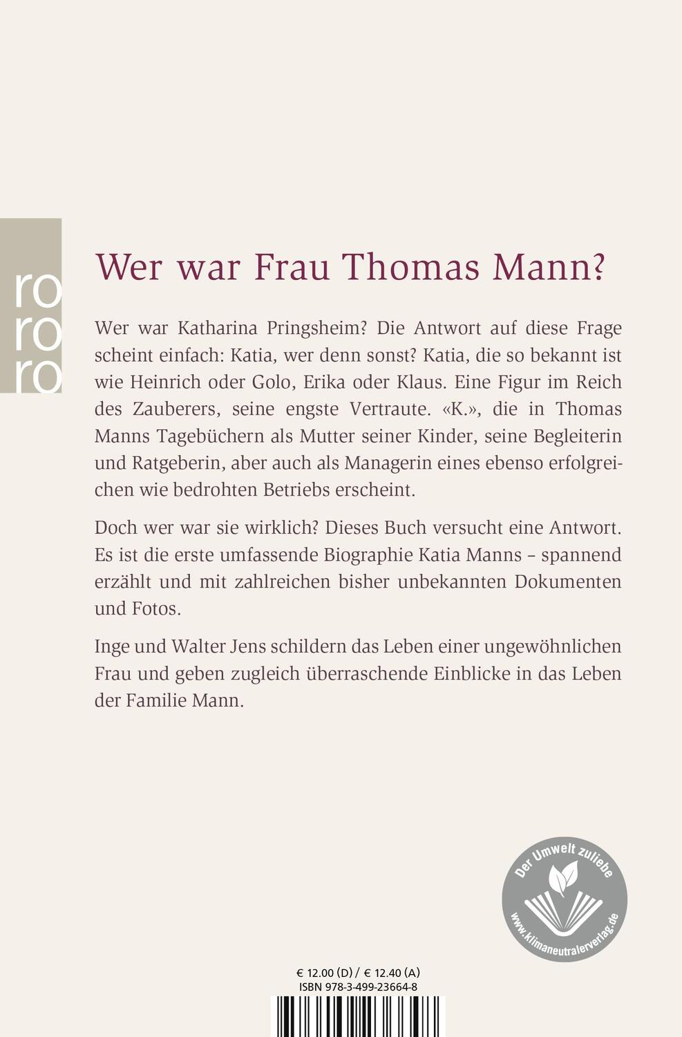 Rückseite: 9783499236648 | Frau Thomas Mann | Das Leben der Katharina Pringsheim | Jens (u. a.)