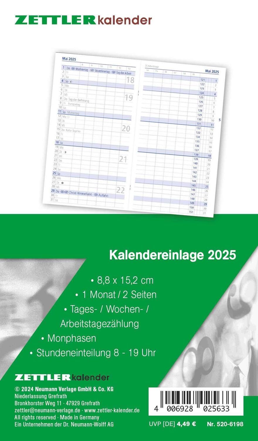 Cover: 4006928025633 | Kalender-Ersatzeinlage 2025 - für den Taschenplaner Typ 520 -...