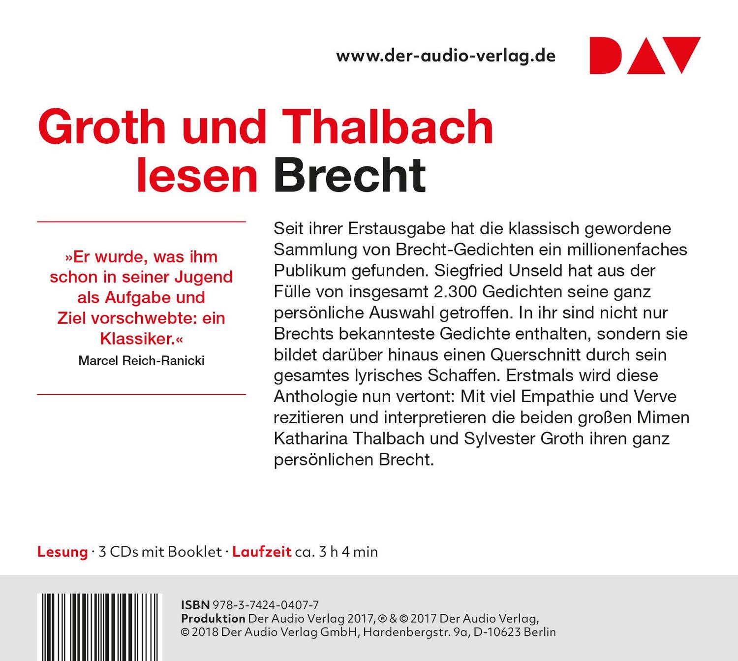 Rückseite: 9783742404077 | 100 Gedichte. Ausgewählt von Siegfried Unseld | Bertolt Brecht | CD