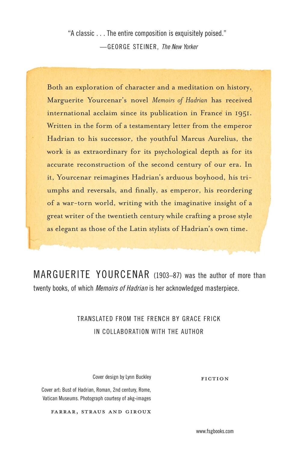 Rückseite: 9780374529260 | Memoirs of Hadrian | Marguerite Yourcenar | Taschenbuch | FSG Classics