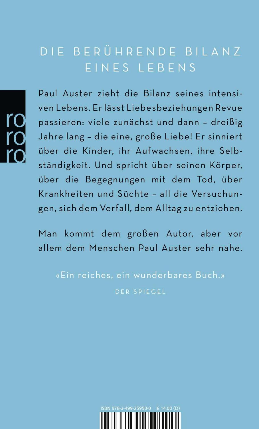 Rückseite: 9783499259500 | Winterjournal | Paul Auster | Taschenbuch | 256 S. | Deutsch | 2015