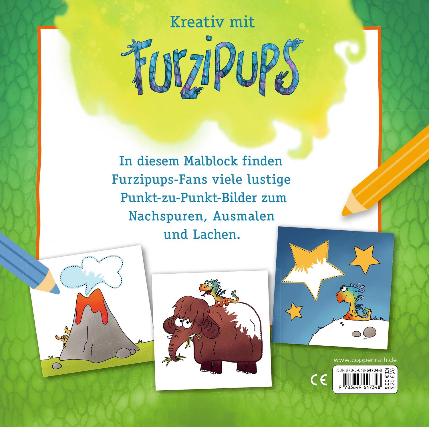 Rückseite: 9783649647348 | Punkt-zu-Punkt-Malblock | 32 pupslustige Motive (Furzipups) | von