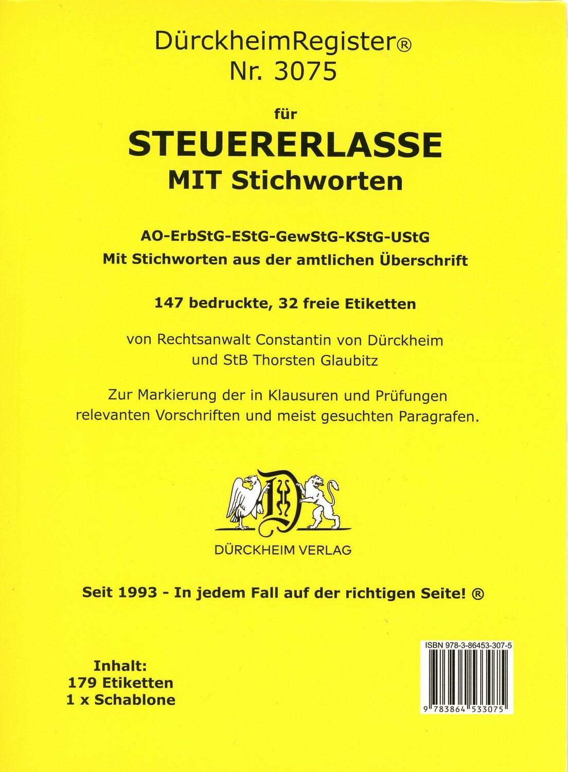 Cover: 9783864533075 | DürckheimRegister® STEUERERLASSE MIT Stichworten (2023) | Stück | 3 S.