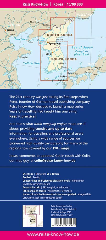Rückseite: 9783831772537 | Reise Know-How Landkarte Korea, Nord und Süd 1 : 700.000 | 2 S. | 2023