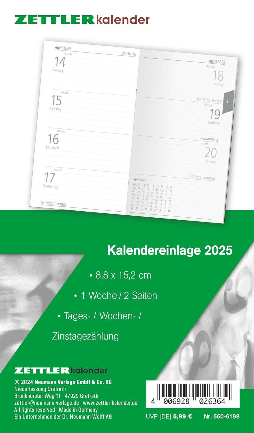Cover: 4006928026364 | Kalender-Ersatzeinlage 2025 - für den Taschenplaner Typ 560 -...