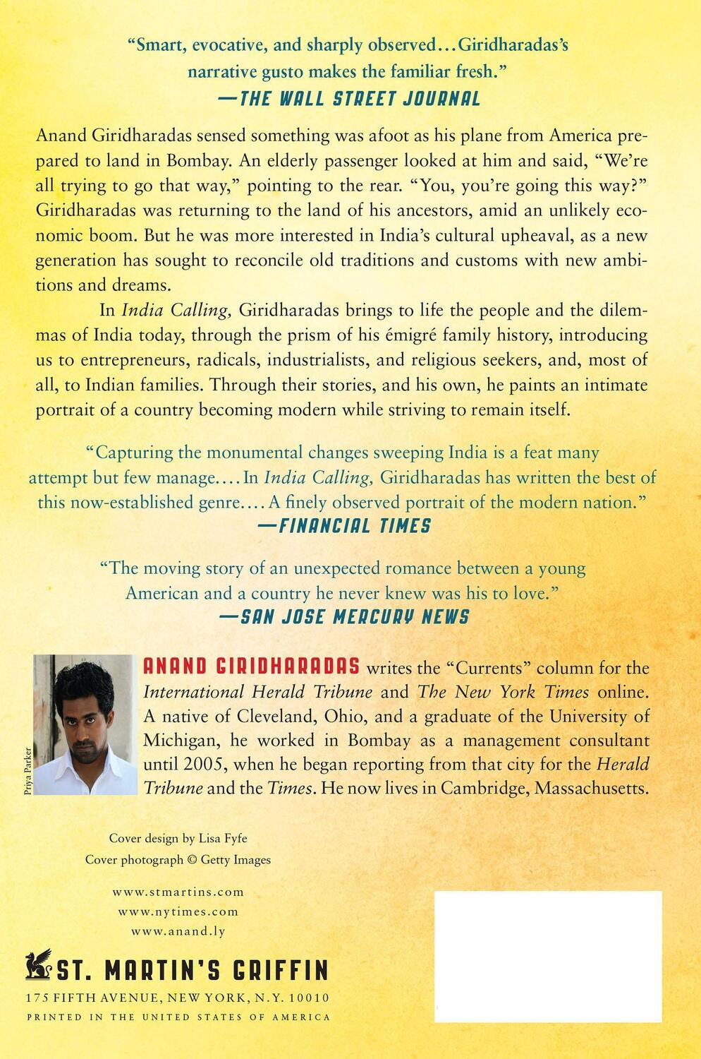 Rückseite: 9781250001726 | INDIA CALLING | Anand Giridharadas | Taschenbuch | Paperback | 2012