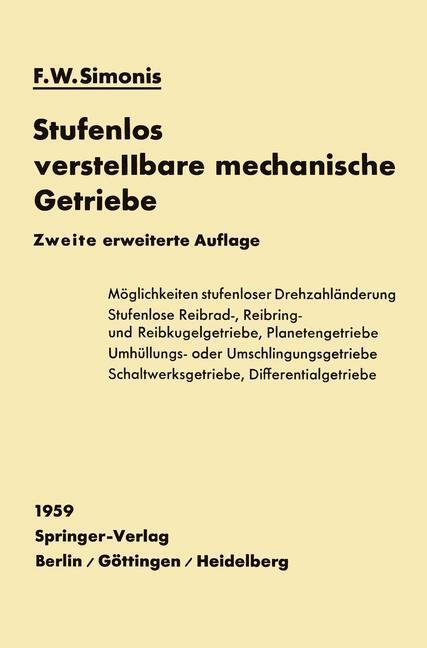 Cover: 9783642473739 | Stufenlos verstellbare mechanische Getriebe | Friedrich W. Simonis