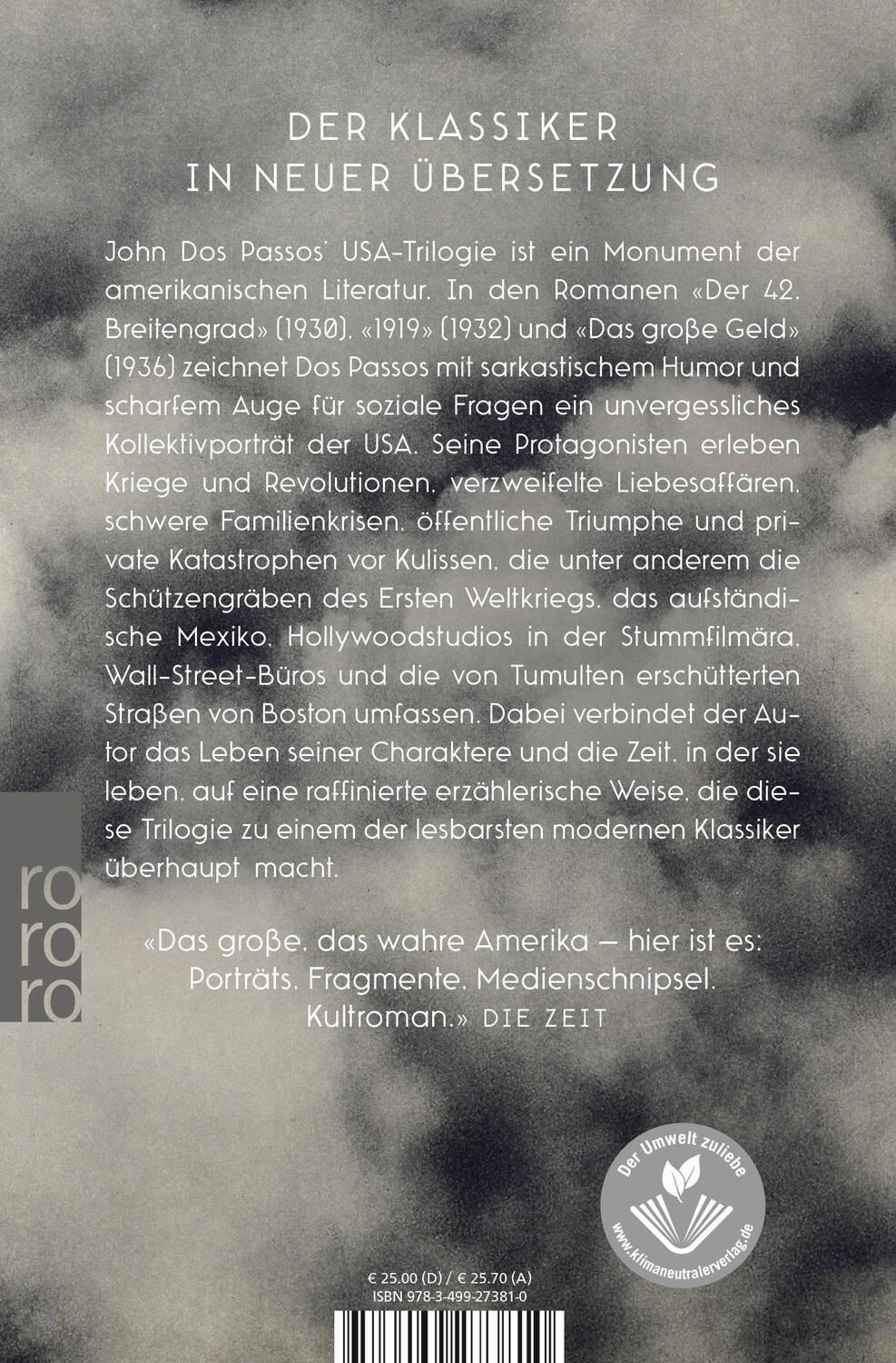 Rückseite: 9783499273810 | USA-Trilogie | Der 42. Breitengrad / 1919 / Das große Geld | Passos