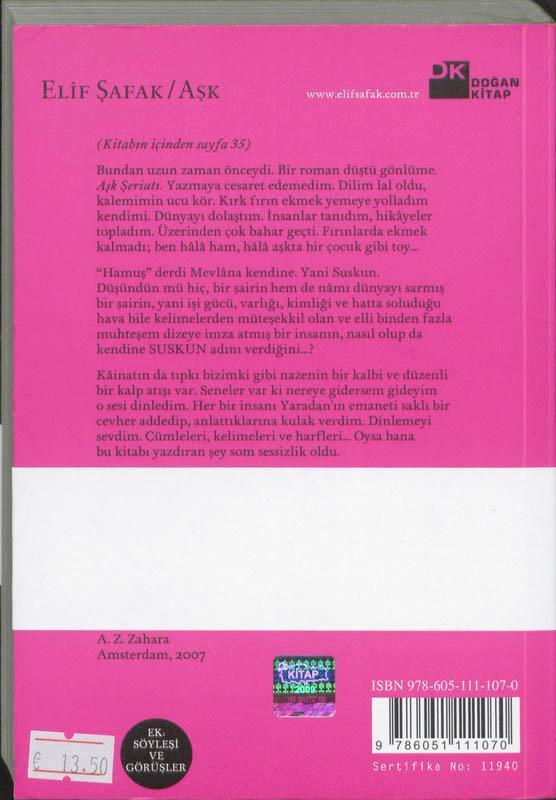 Rückseite: 9786051111070 | Ask | Elif Shafak (u. a.) | Taschenbuch | Türkisch | 2009
