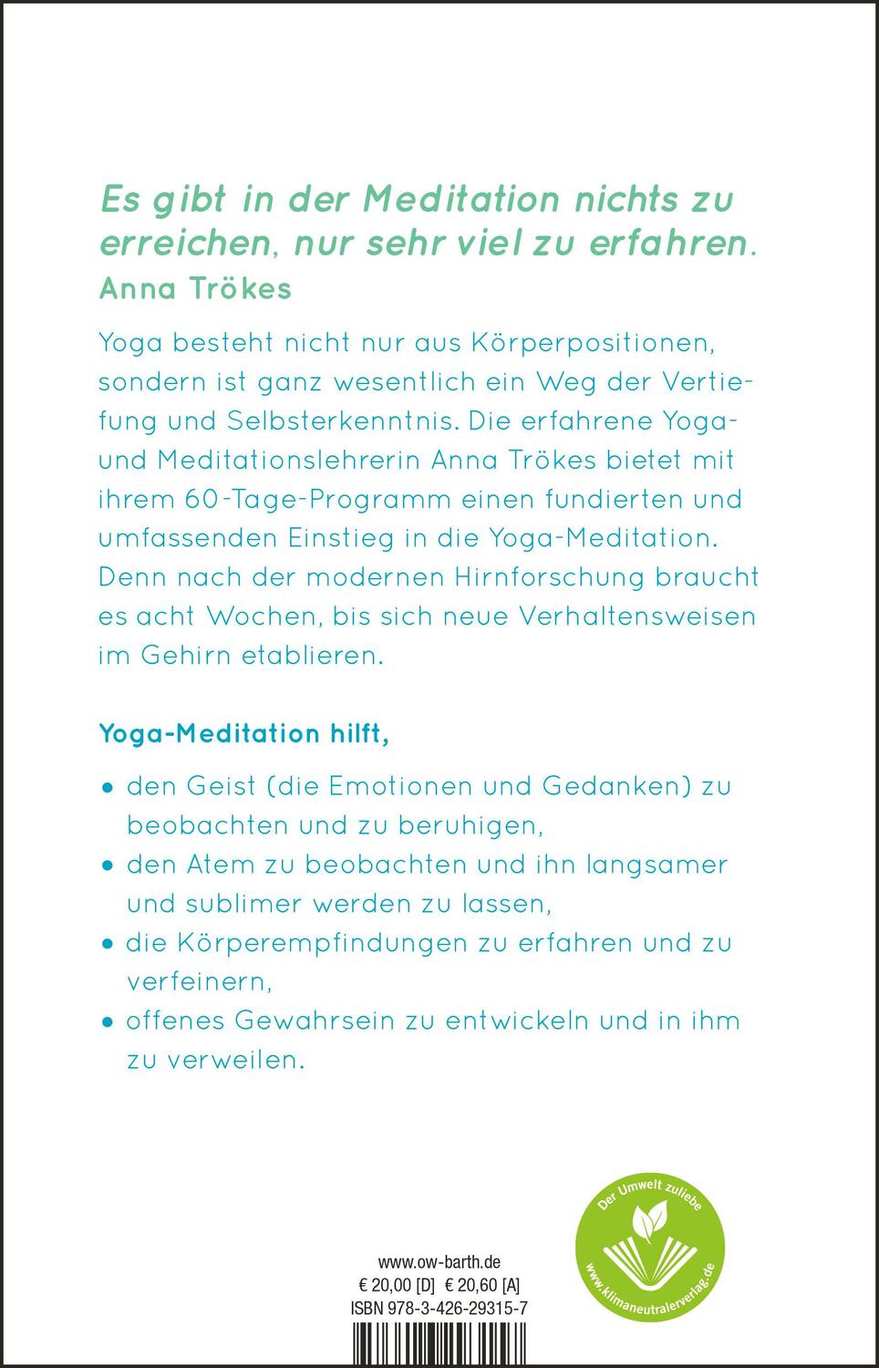 Rückseite: 9783426293157 | Ein Kurs in Yoga-Meditation | Anna Trökes | Taschenbuch | 384 S.