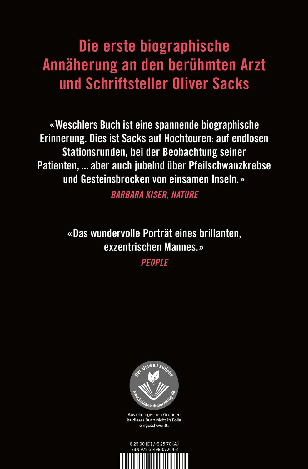 Rückseite: 9783498072643 | Oliver Sacks | Ein persönliches Porträt | Lawrence Weschler | Buch