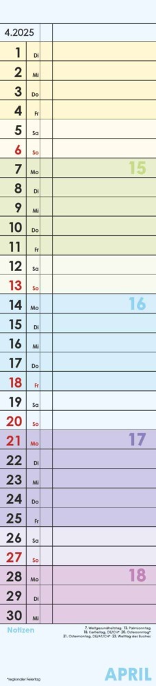 Bild: 4251732344504 | Streifenplaner Farbenfroh 2025 - Streifen-Kalender 11,3x49x5 cm -...