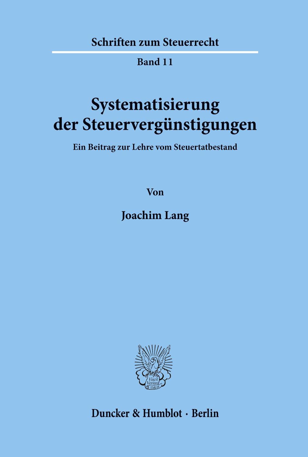 Cover: 9783428030866 | Systematisierung der Steuervergünstigungen. | Joachim Lang | Buch