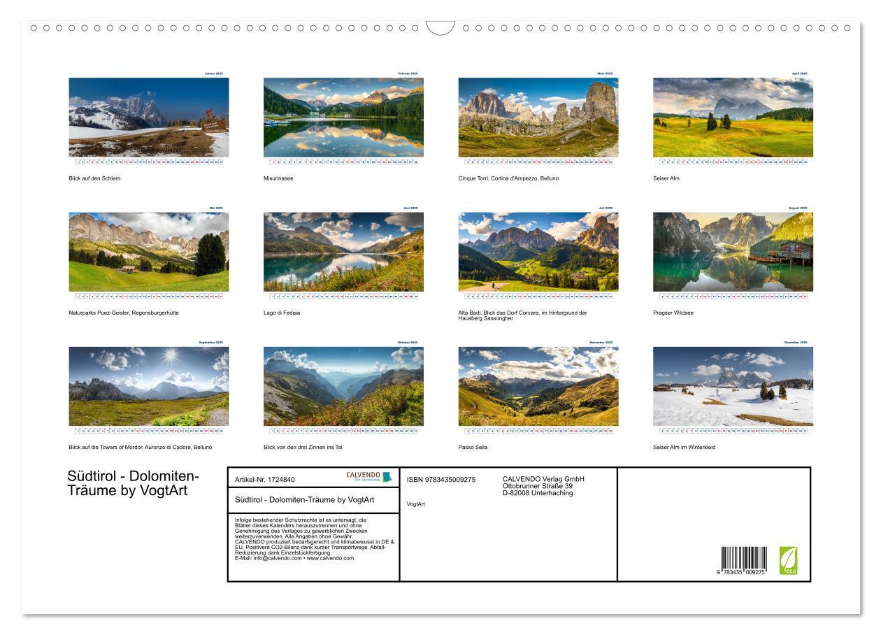 Bild: 9783435009275 | Südtirol - Dolomiten-Träume by VogtArt (Wandkalender 2025 DIN A2...