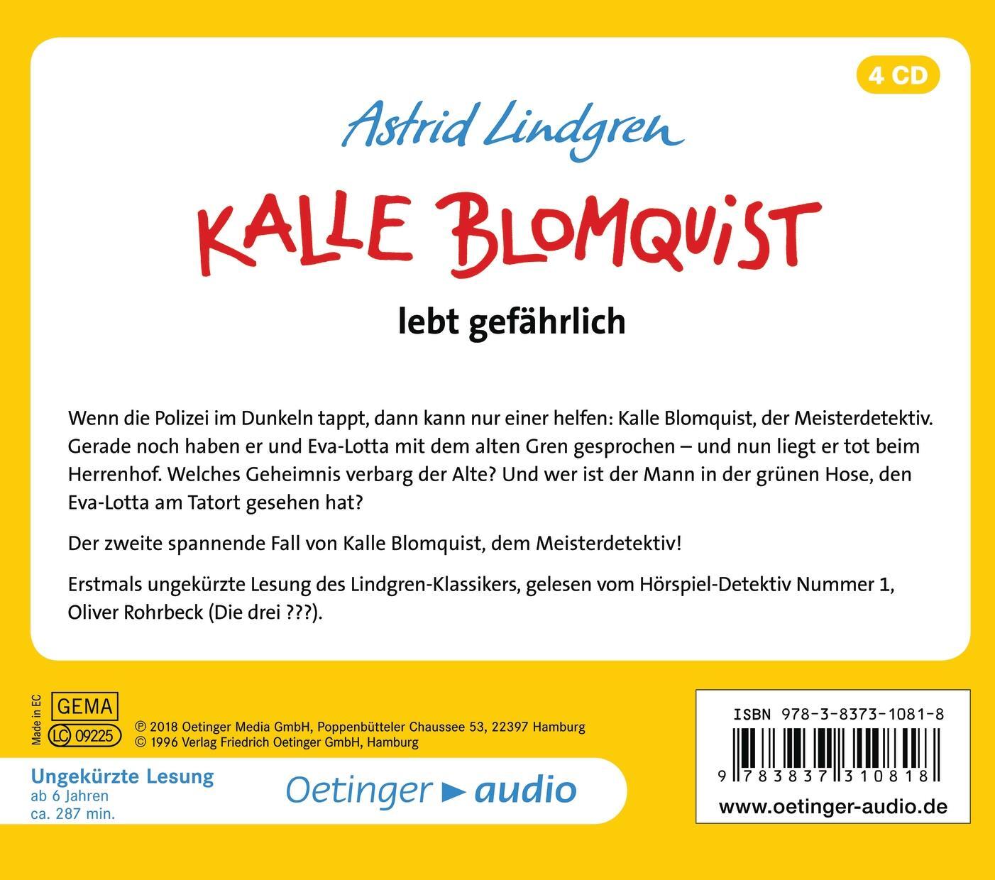 Rückseite: 9783837310818 | Kalle Blomquist lebt gefährlich | Astrid Lindgren | Audio-CD | Deutsch