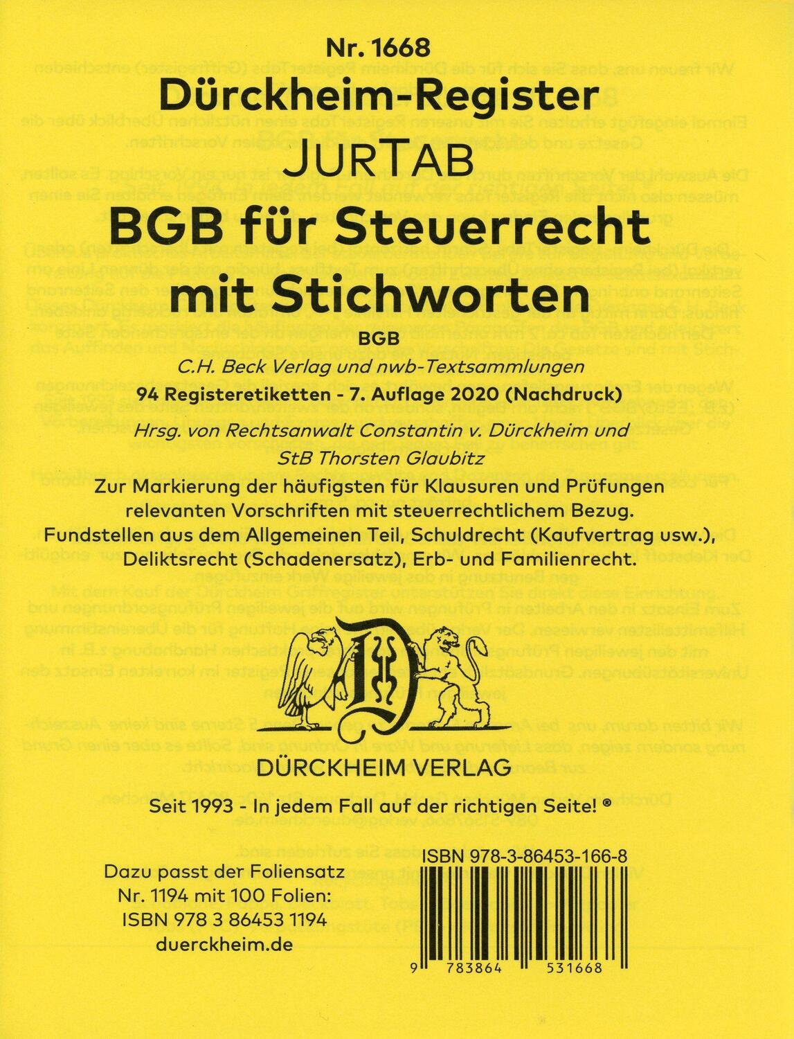 Cover: 9783864531668 | DürckheimRegister® BGB im Steuerrecht 2022 MIT STICHWORTEN | Buch