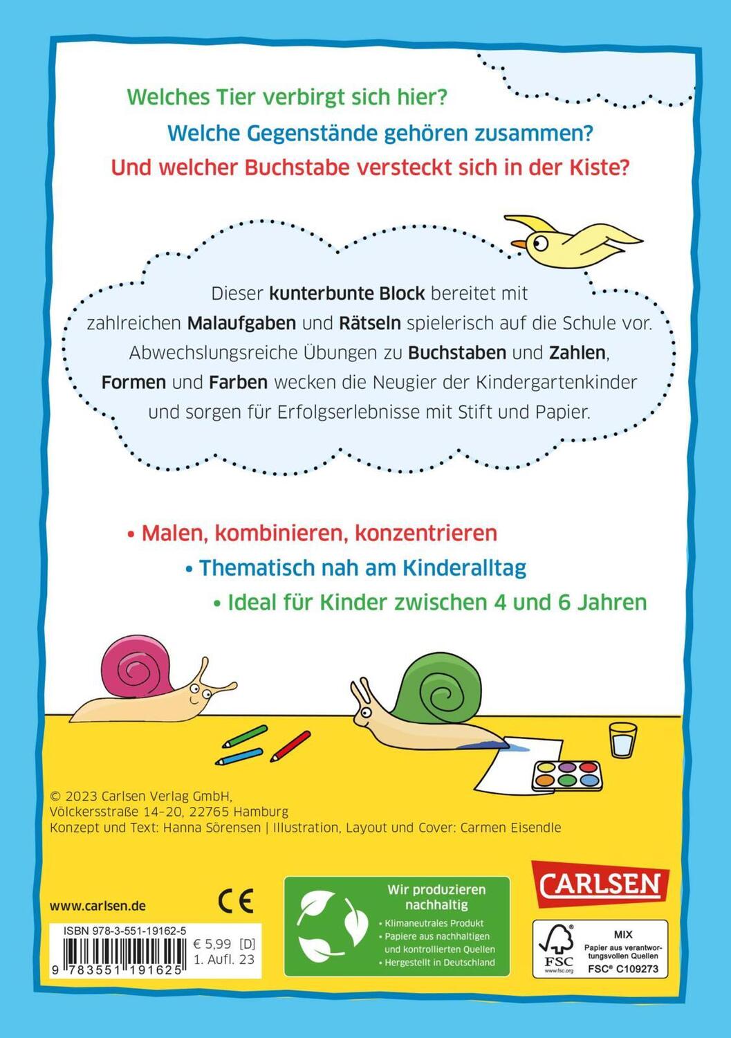 Rückseite: 9783551191625 | Mein bunter Kindergarten-Block: Rätseln, malen, kombinieren | Sörensen