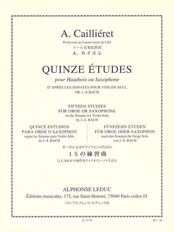 Cover: 9790046239182 | 15 Etudes d'apres Les Sonates Pour Violon Seule | de J.S. Bach