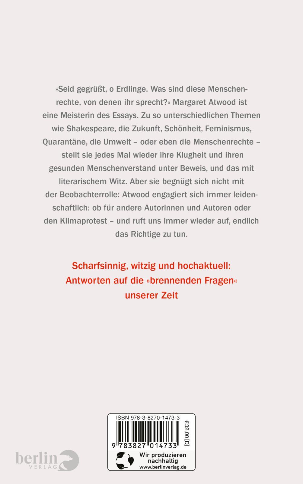 Rückseite: 9783827014733 | Brennende Fragen | Margaret Atwood | Buch | 704 S. | Deutsch | 2023