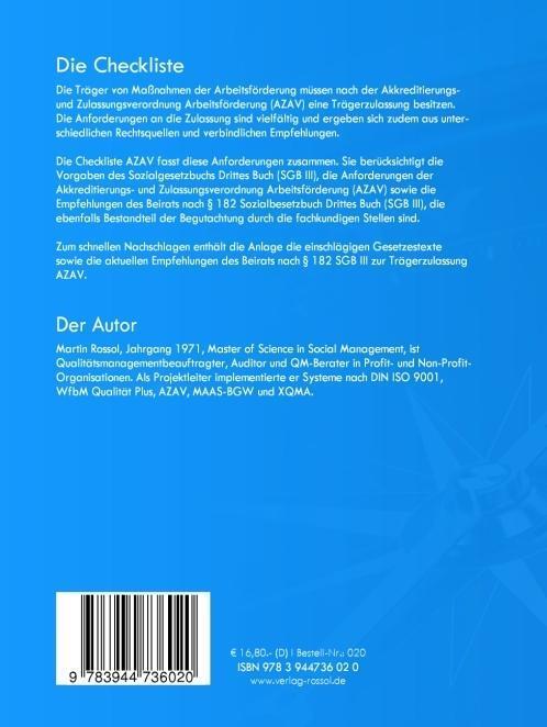 Rückseite: 9783944736020 | Checkliste AZAV | Martin Rossol | Taschenbuch | Booklet | Deutsch