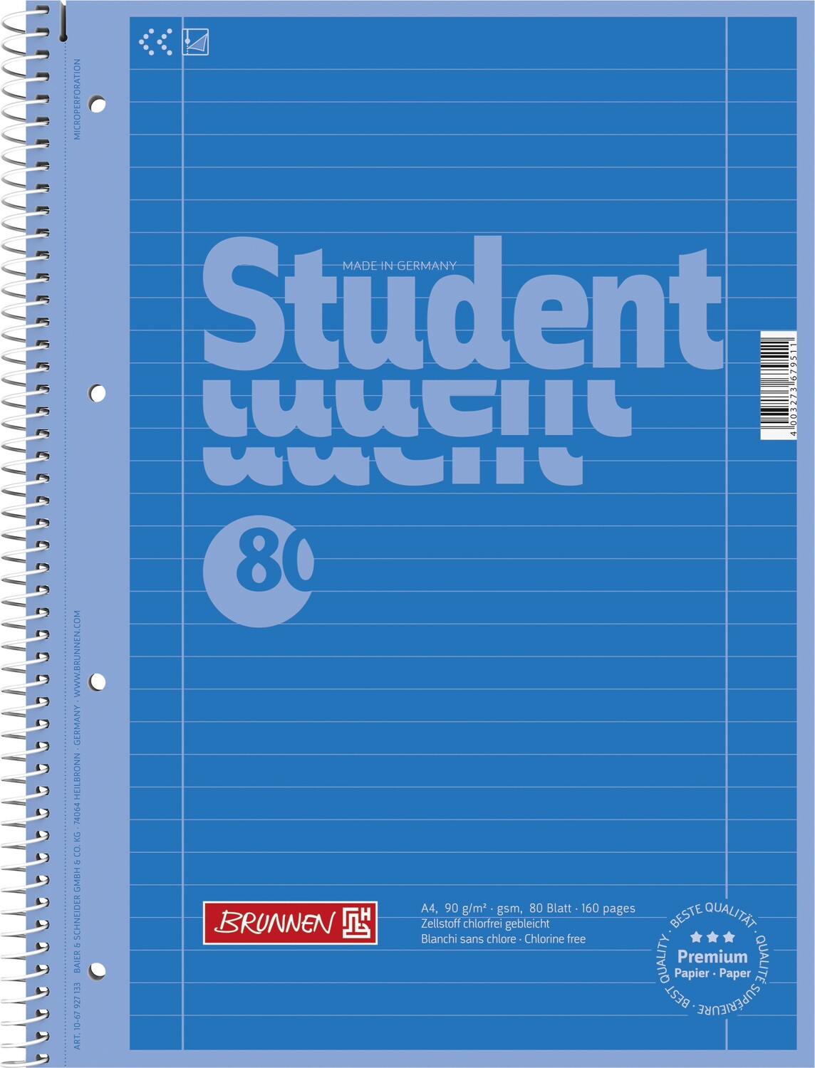 Cover: 4003273679511 | Brunnen Collegeblock Premium Student A4 liniert Lineatur 27 azur