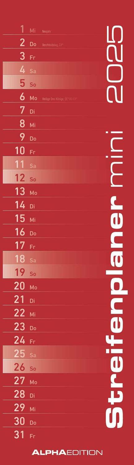 Cover: 4251732341749 | Streifenplaner Mini Rot 2025 - Streifen-Kalender 9,5x33 cm -...