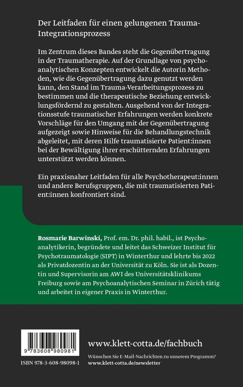 Rückseite: 9783608980981 | Trauma und Gegenübertragung | Rosmarie Barwinski | Buch | 267 S.