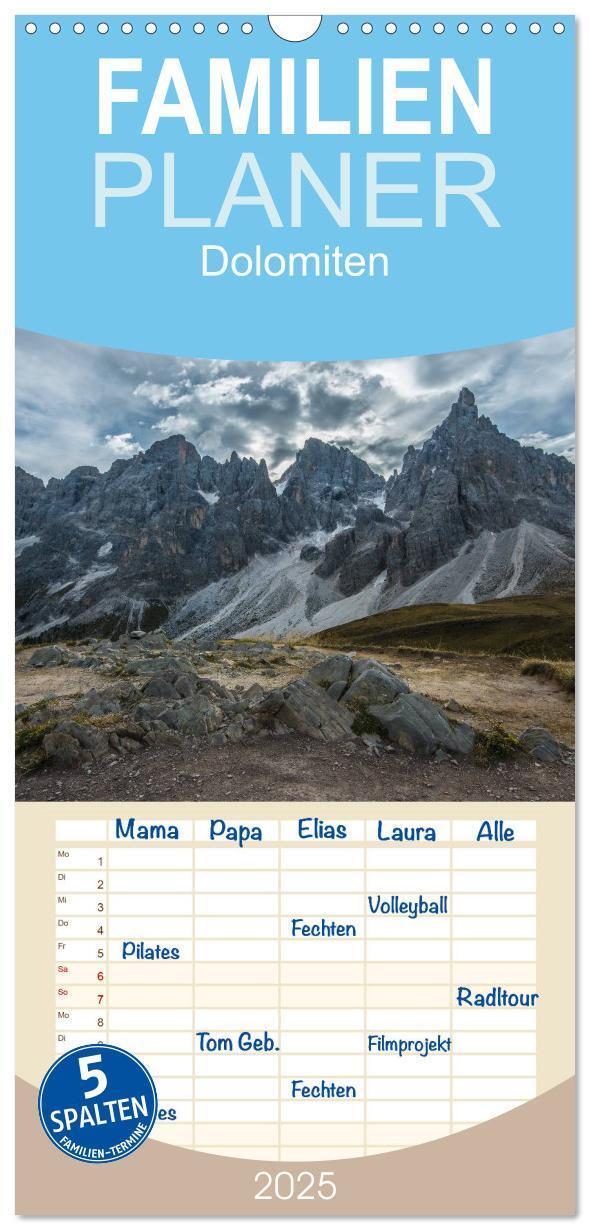 Cover: 9783457120712 | Familienplaner 2025 - Dolomiten mit 5 Spalten (Wandkalender, 21 x...