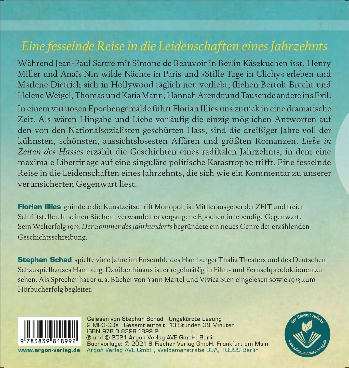 Rückseite: 9783839818992 | Liebe in Zeiten des Hasses | Chronik eines Gefühls 1929-1939 | Illies