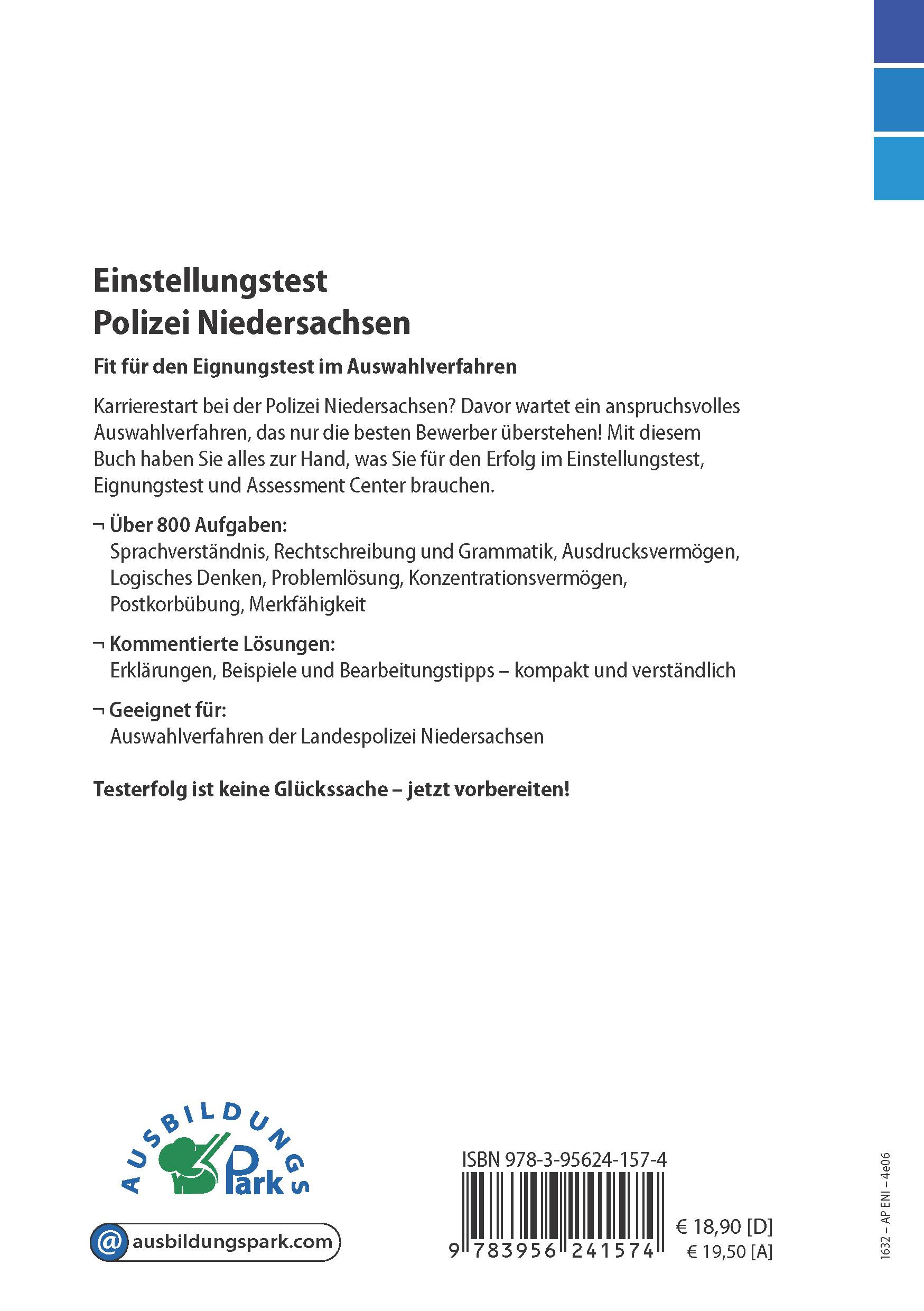 Rückseite: 9783956241574 | Einstellungstest Polizei Niedersachsen | Kurt Guth (u. a.) | Buch