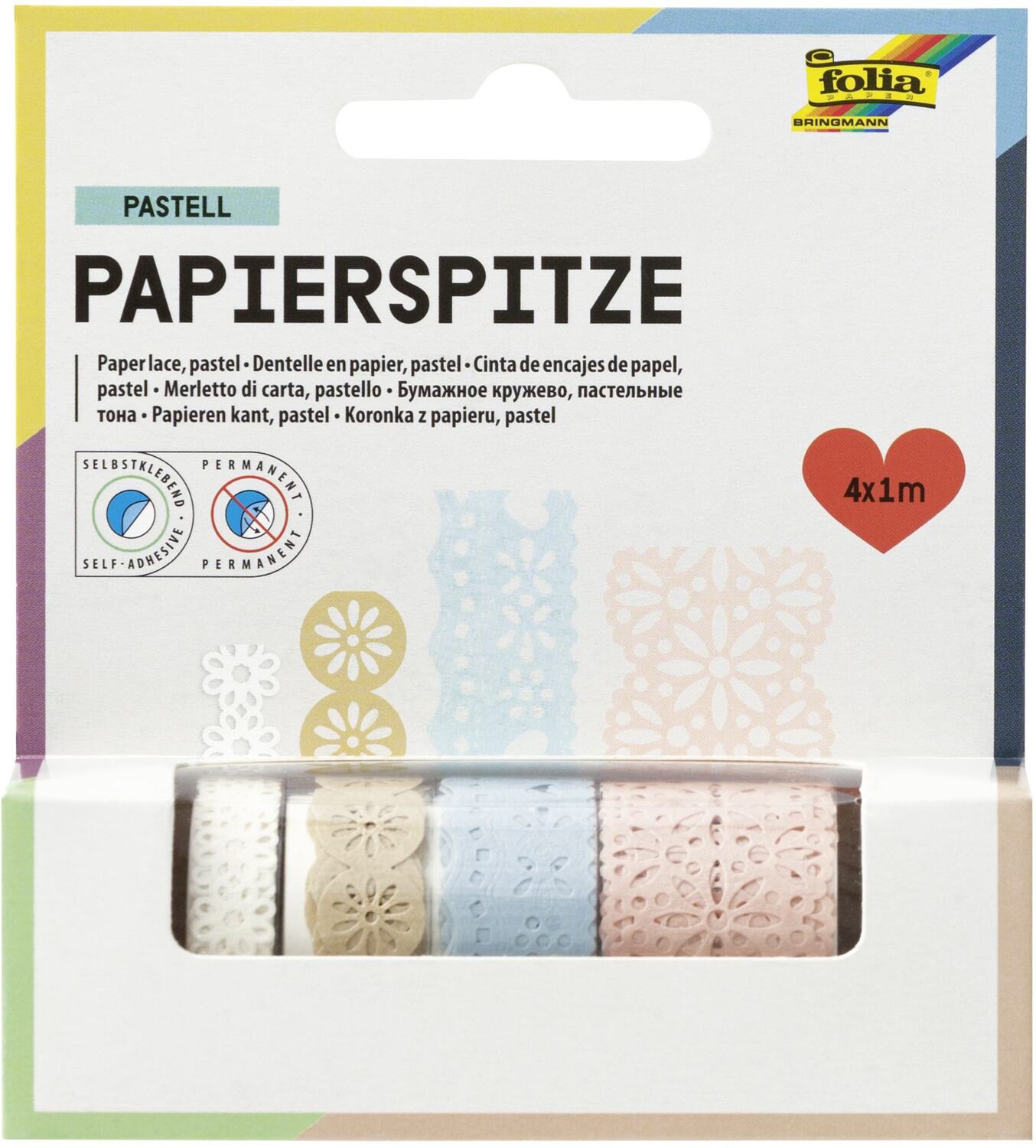 Cover: 4001868084269 | Folia Papierspitze PASTELL, selbstklebend, 4 Rollen à 1m | 13803