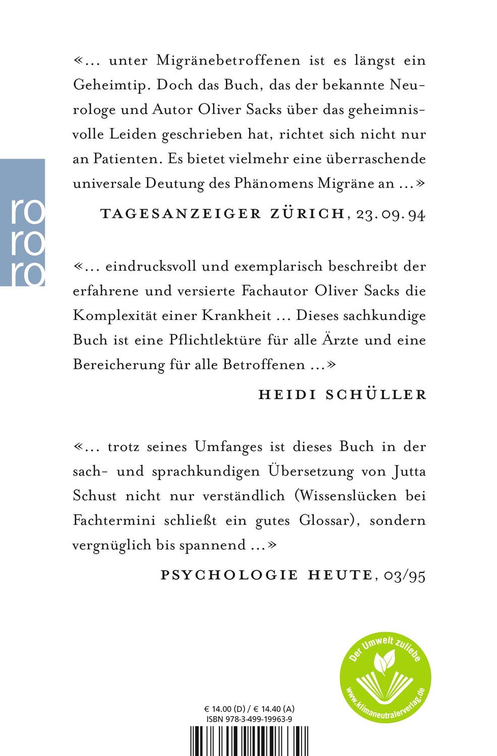 Rückseite: 9783499199639 | Migräne | Oliver Sacks | Taschenbuch | Sachbuch | Deutsch | 2001