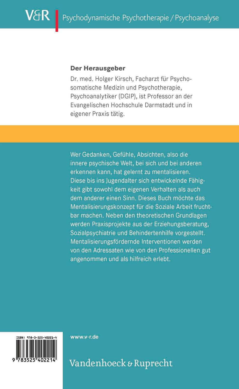 Rückseite: 9783525402214 | Das Mentalisierungskonzept in der Sozialen Arbeit | Holger Kirsch