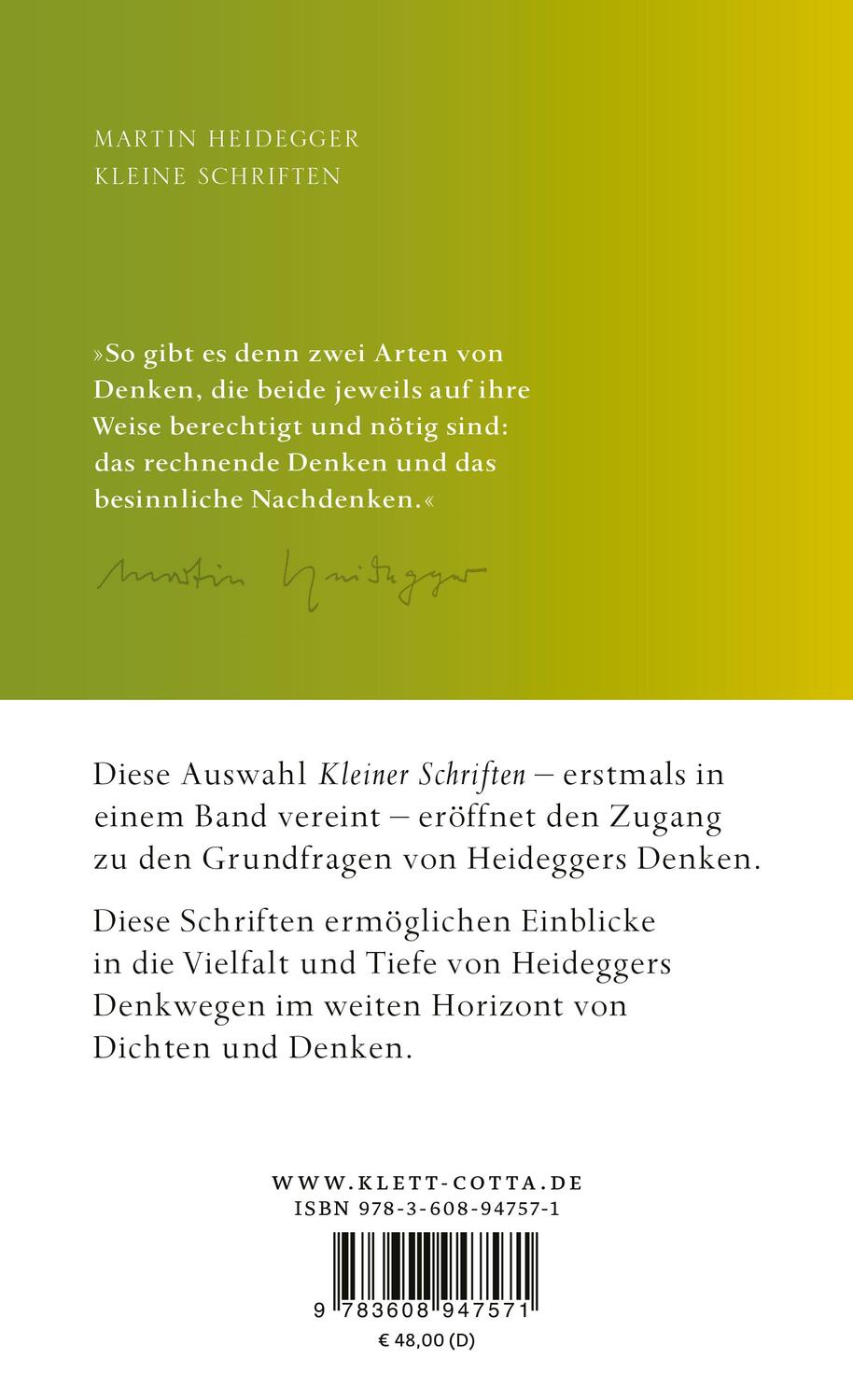 Rückseite: 9783608947571 | Kleine Schriften | Kleine Schriften | Martin Heidegger | Buch | 488 S.