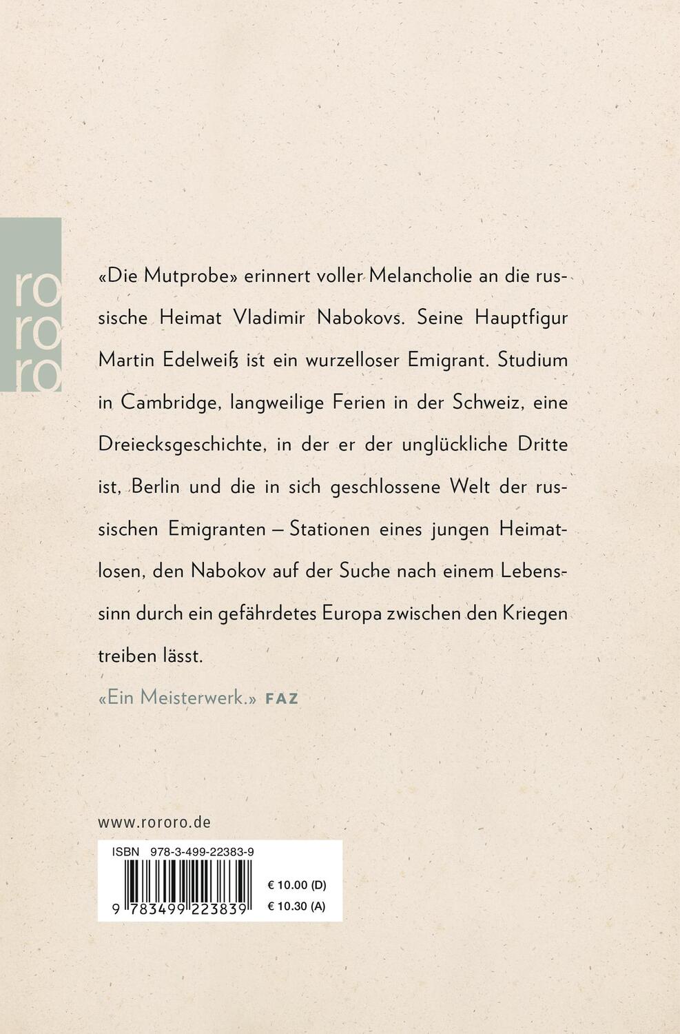Rückseite: 9783499223839 | Die Mutprobe | Vladimir Nabokov | Taschenbuch | Deutsch | 1998