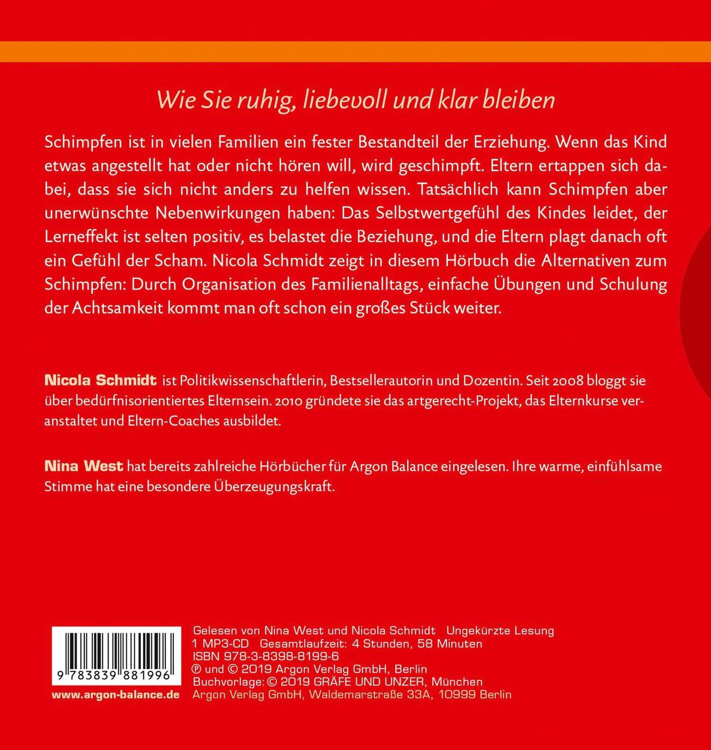 Rückseite: 9783839881996 | Erziehen ohne Schimpfen | Nicola Schmidt | MP3 | 299 Min. | Deutsch