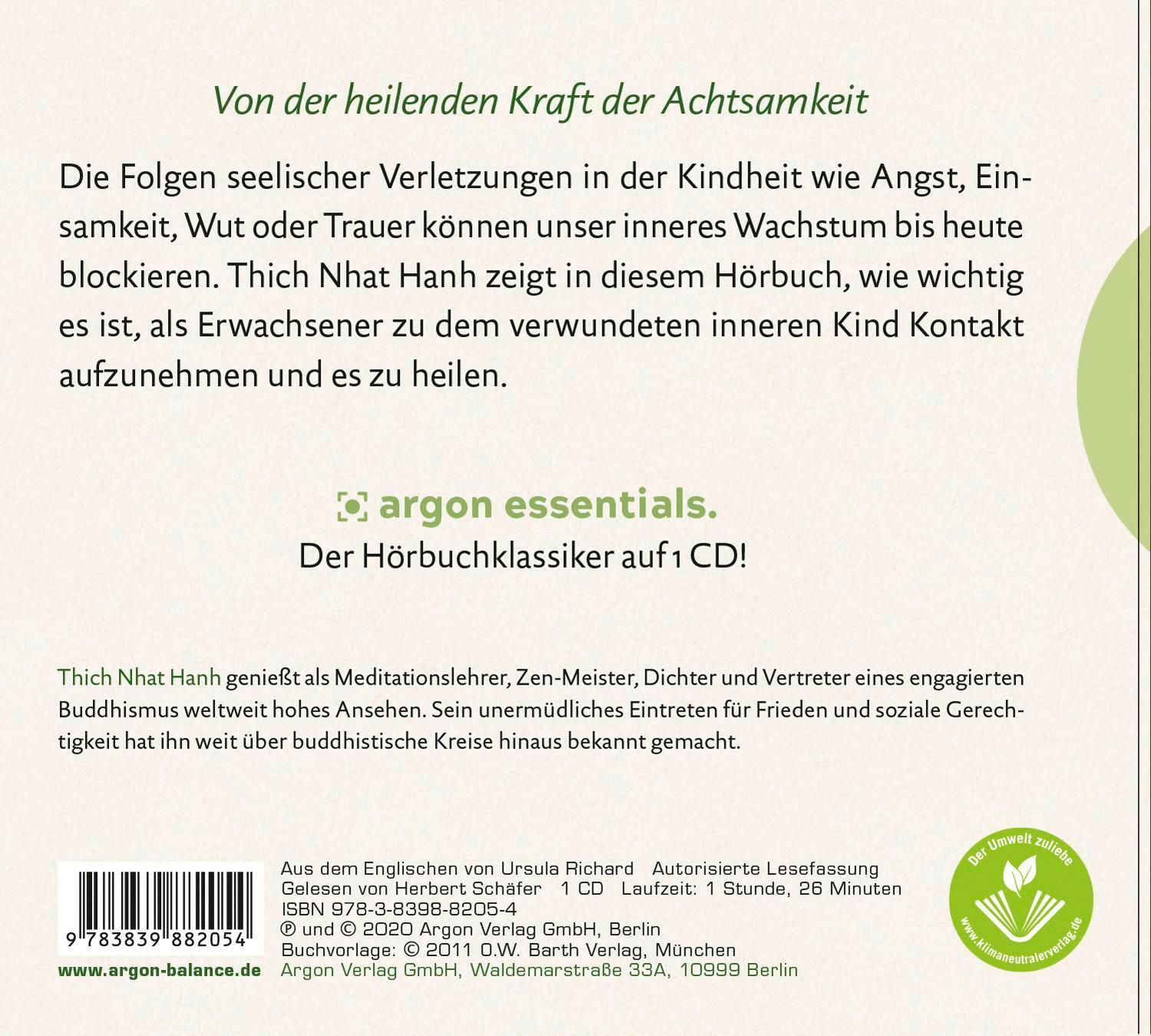 Rückseite: 9783839882054 | Versöhnung mit dem inneren Kind | Thich Nhat Hanh | Audio-CD | 1 CD