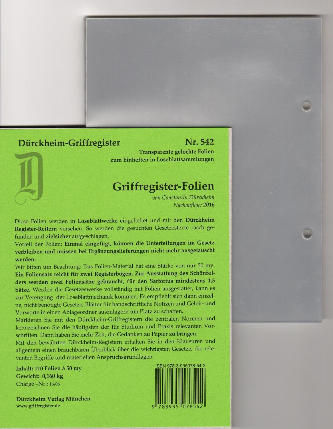 Cover: 9783935078542 | 110 DürckheimRegister®-FOLIEN zum Einheften in Gesetzessammlungen