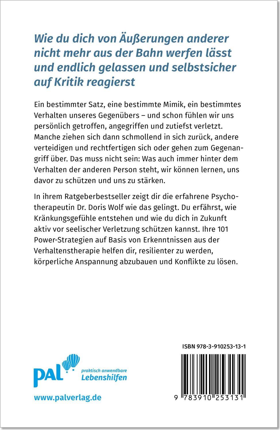 Rückseite: 9783910253131 | Ab heute kränkt mich niemand mehr | Doris Wolf | Taschenbuch | 306 S.