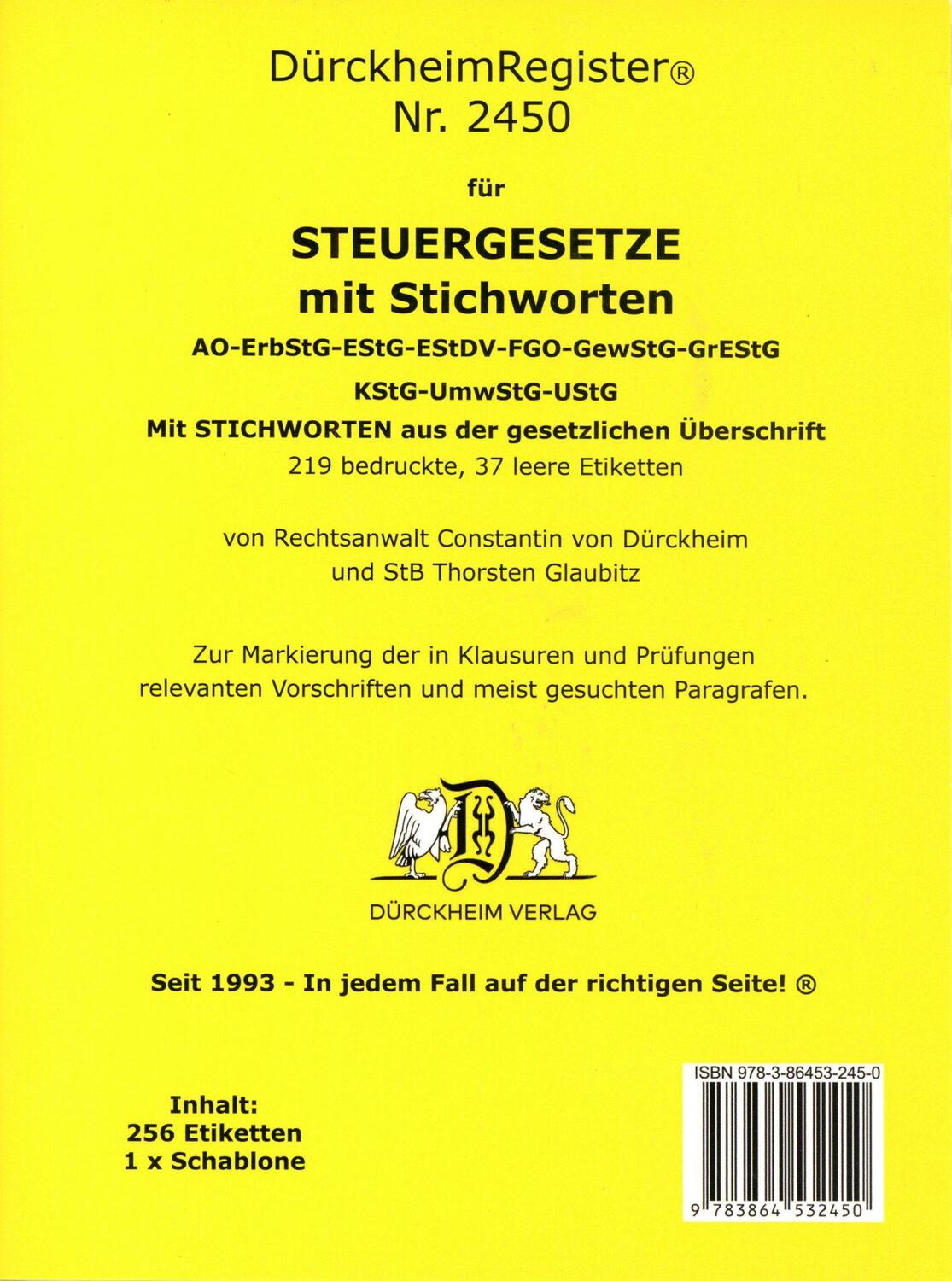 Cover: 9783864532450 | DürckheimRegister® 2450 STEUERGESETZE mit Stichworten (2024) | Buch