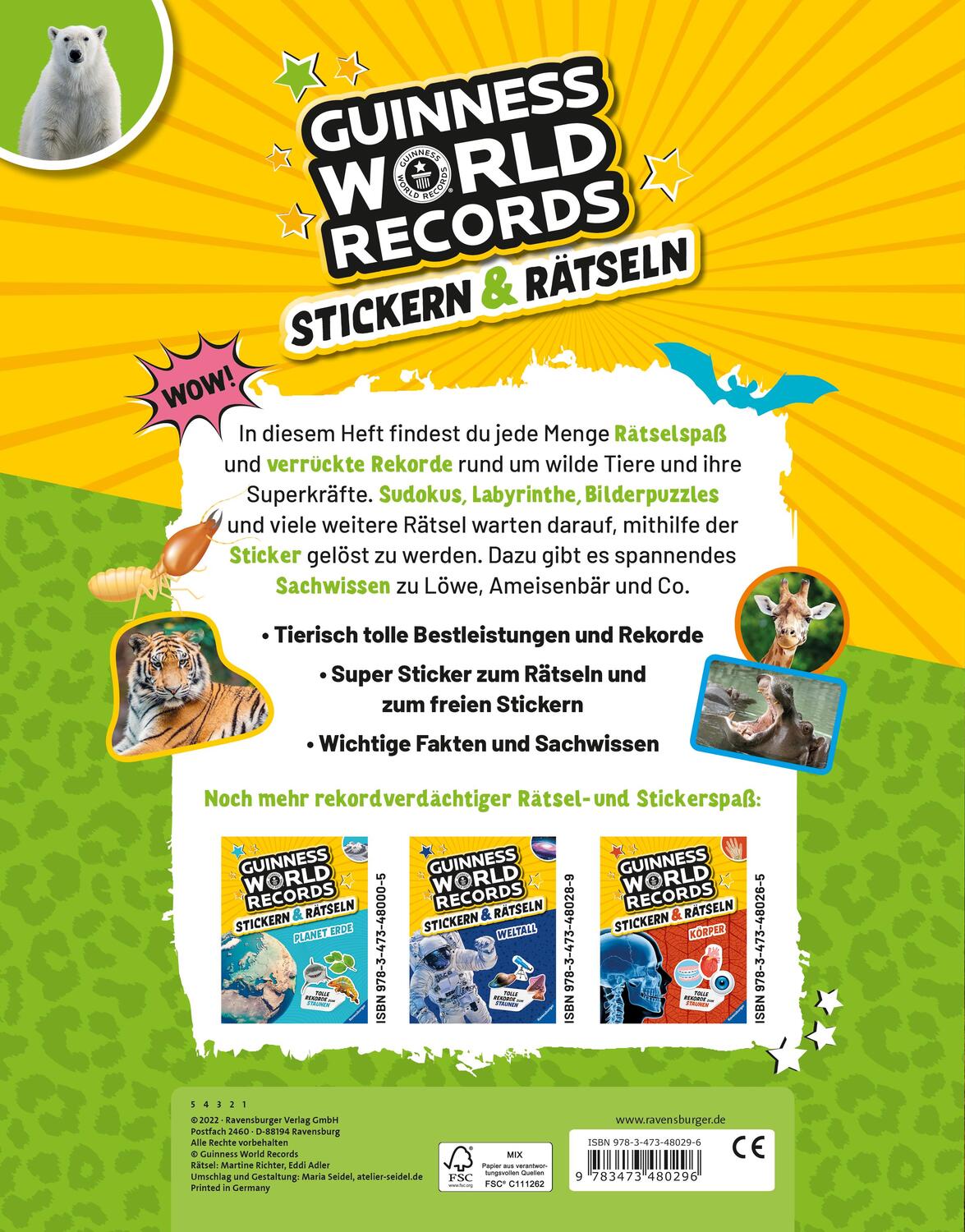 Rückseite: 9783473480296 | Guinness World Records Stickern und Rätseln: Wilde Tiere | Taschenbuch