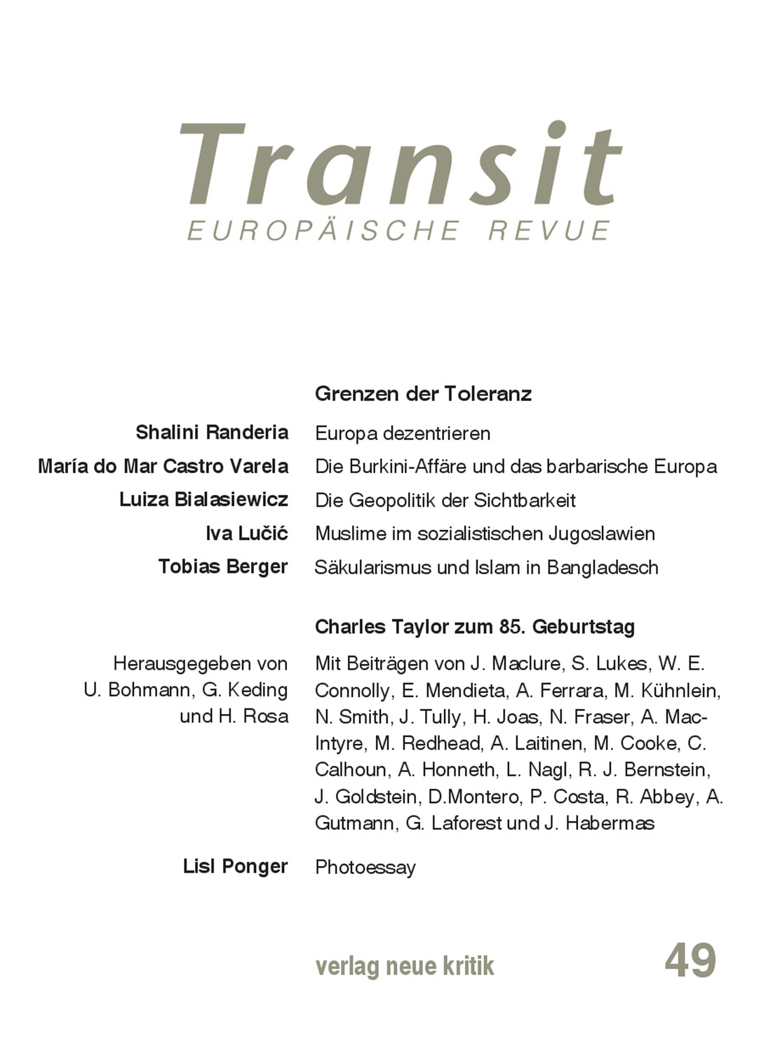 Cover: 9783801504120 | Transit 49 | Grenzen der Toleranz/Charles Taylor zum 85. Geburtstag