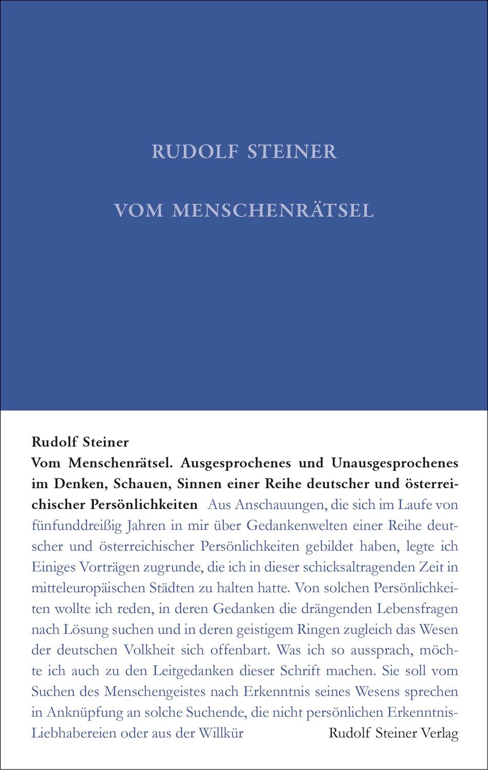 Cover: 9783727402012 | Vom Menschenrätsel | Rudolf Steiner | Buch | 259 S. | Deutsch | 2023
